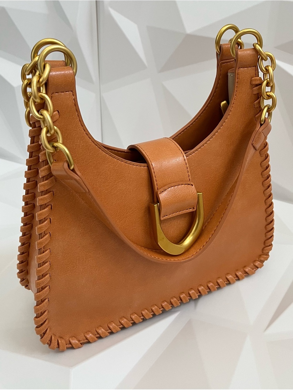 Antik Kraft Cognac Leather Shoulder Bag with Gold Hardware New